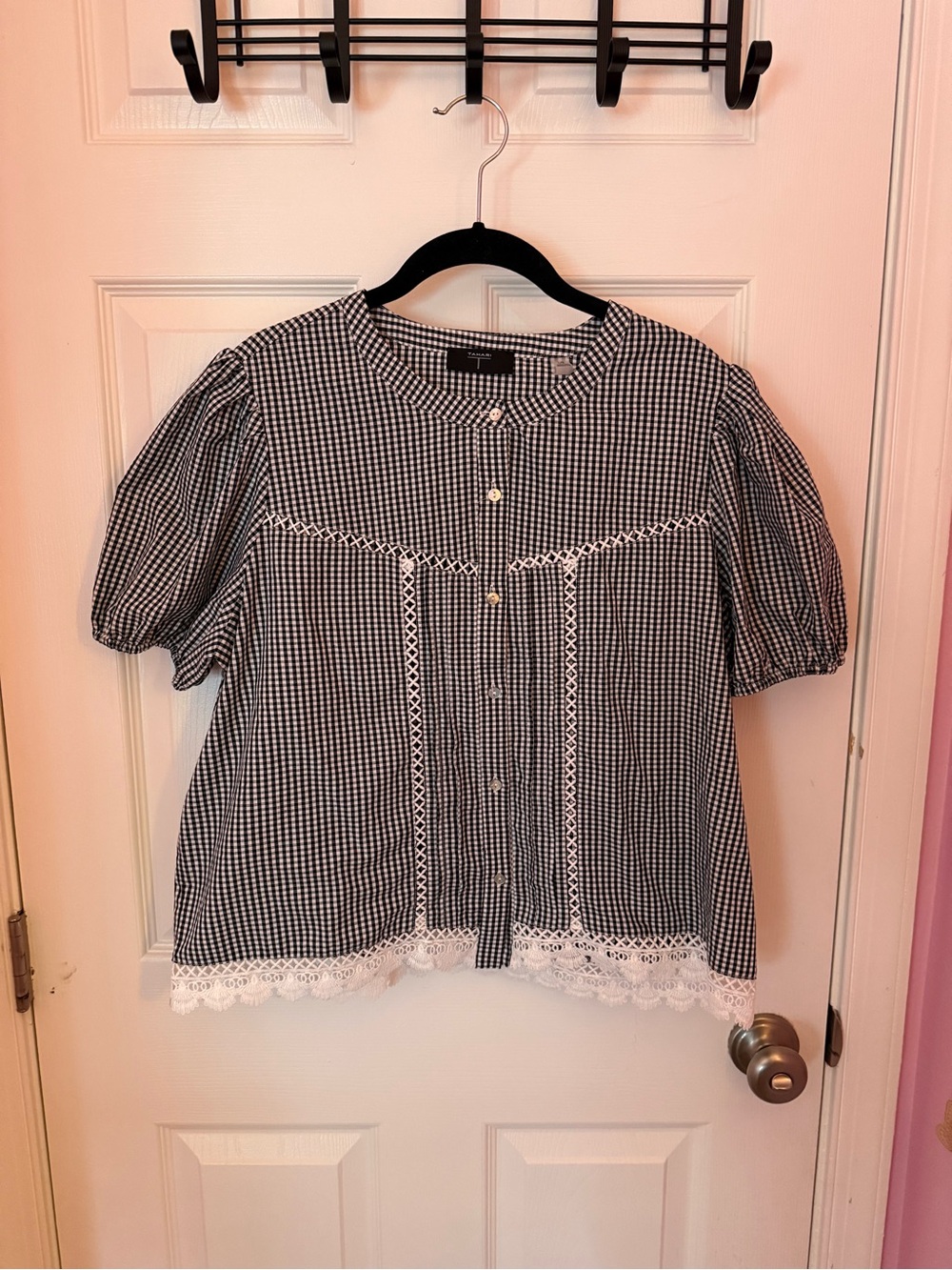 Tahari Black & White Gingham Button-Front Blouse with Lace Trim